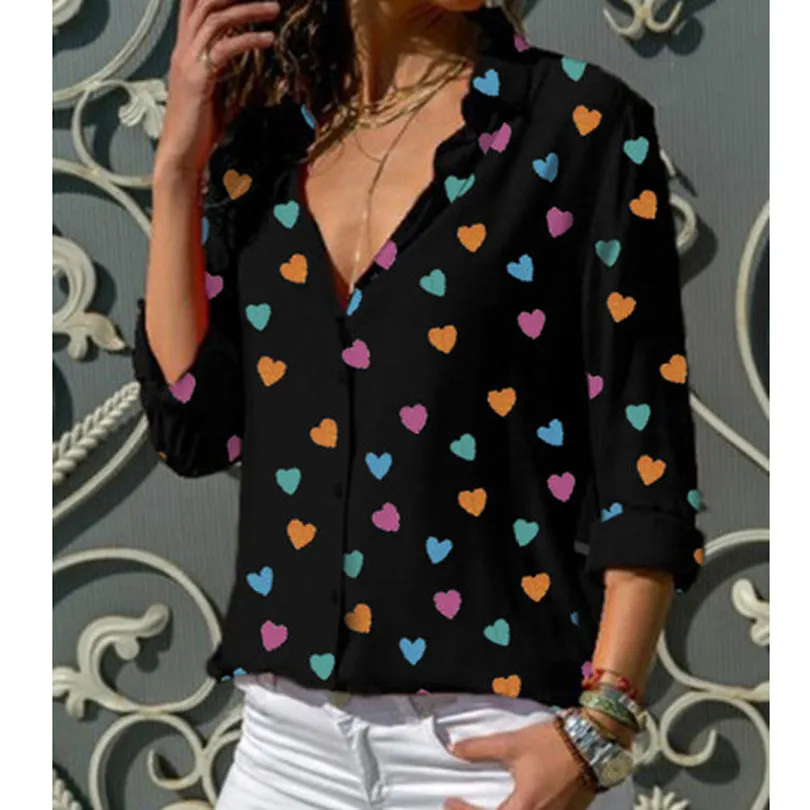 Heart Printed V Neck Lady's Blouse