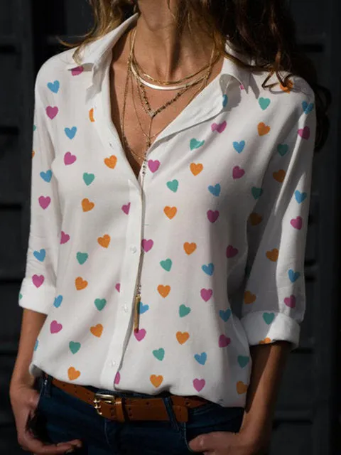 Heart Printed V Neck Lady's Blouse