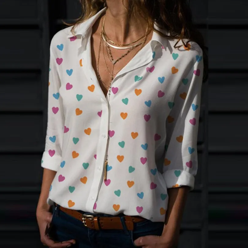 Heart Printed V Neck Lady's Blouse