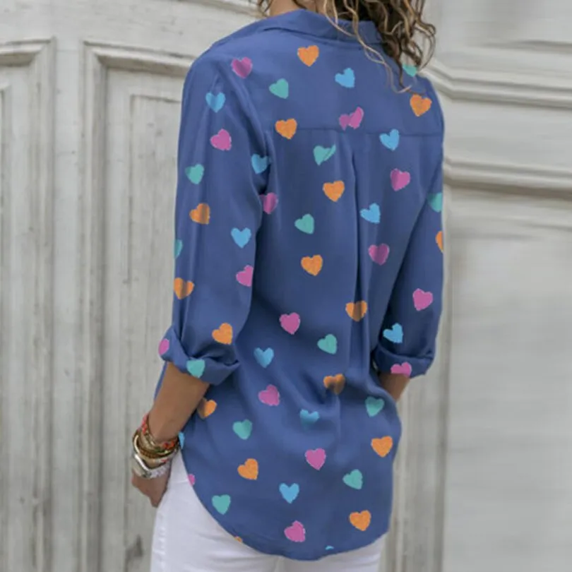 Heart Printed V Neck Lady's Blouse