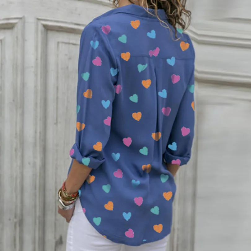 Heart Printed V Neck Lady's Blouse