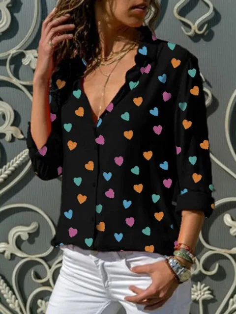 Heart Printed V Neck Lady's Blouse