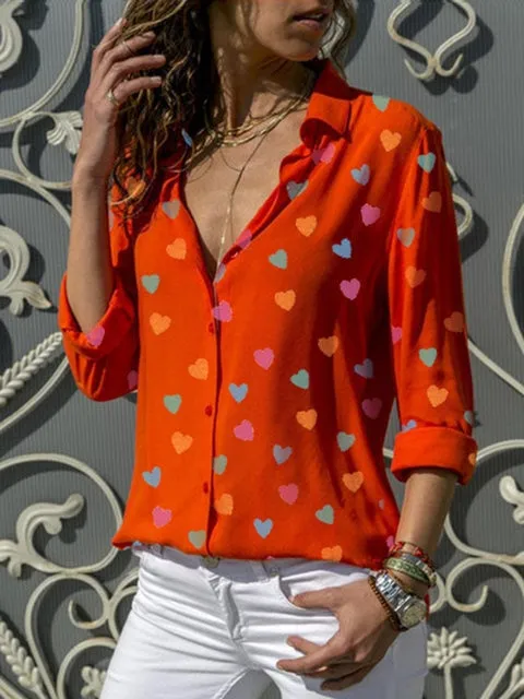 Heart Printed V Neck Lady's Blouse