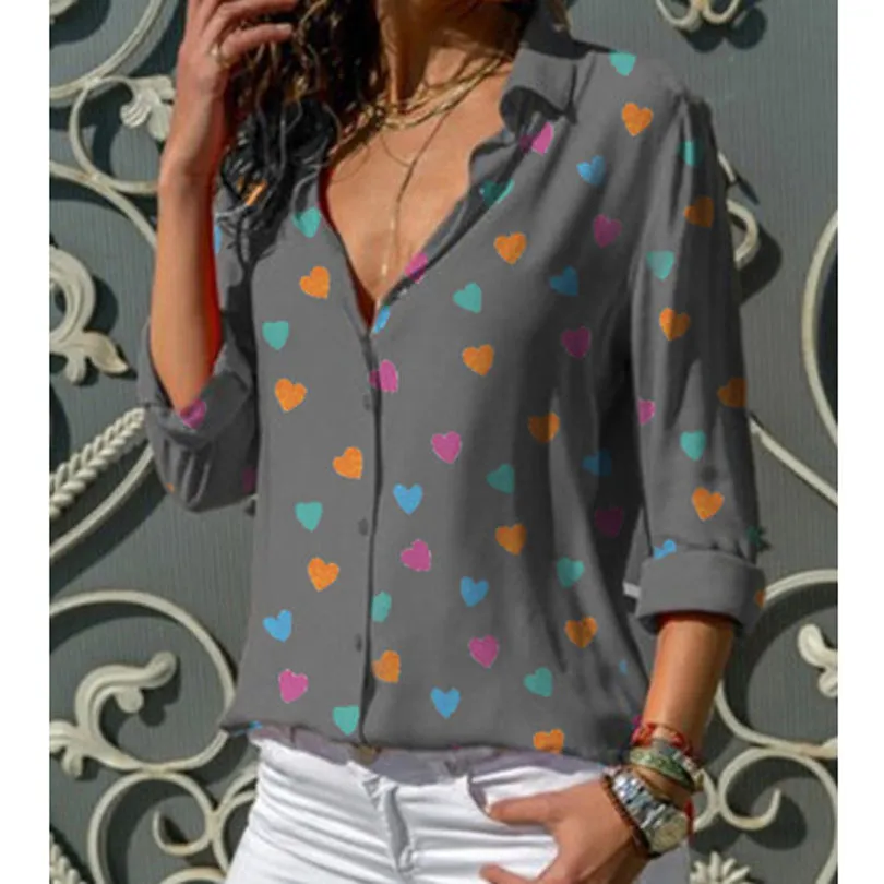Heart Printed V Neck Lady's Blouse