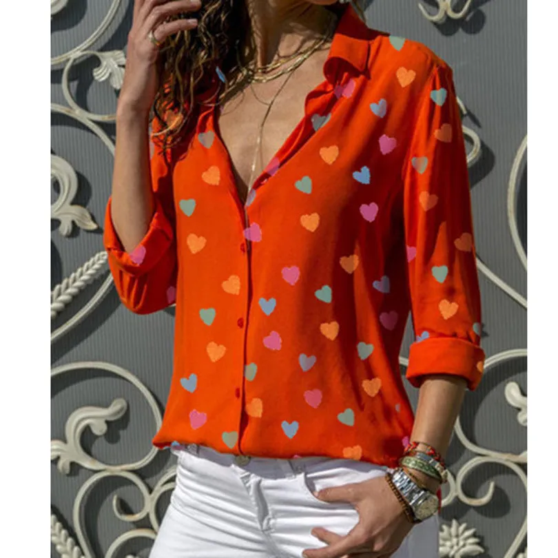 Heart Printed V Neck Lady's Blouse