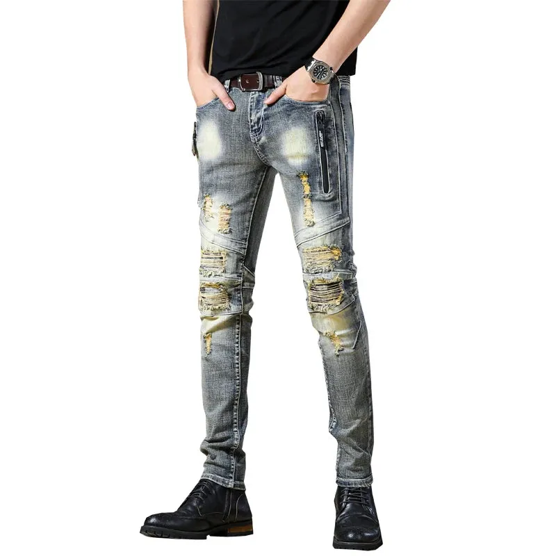 High-quality New Mens Ripped Jeans Cotton Black Slim Skinny Motorcycle Jeans Men Vintage Distressed Denim Jeans Hiphop Pants