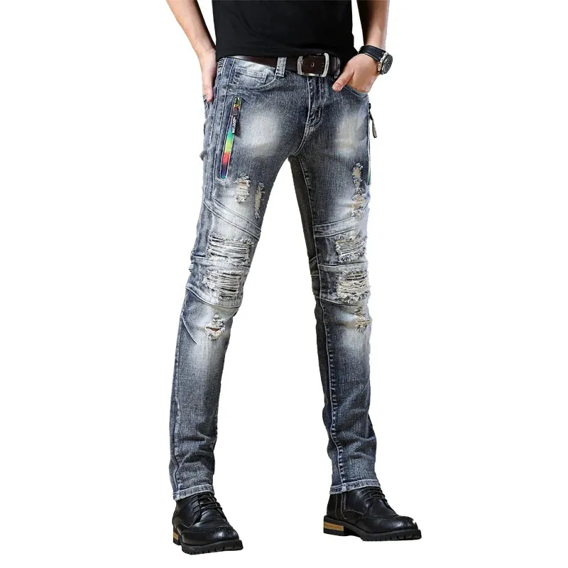 High-quality New Mens Ripped Jeans Cotton Black Slim Skinny Motorcycle Jeans Men Vintage Distressed Denim Jeans Hiphop Pants