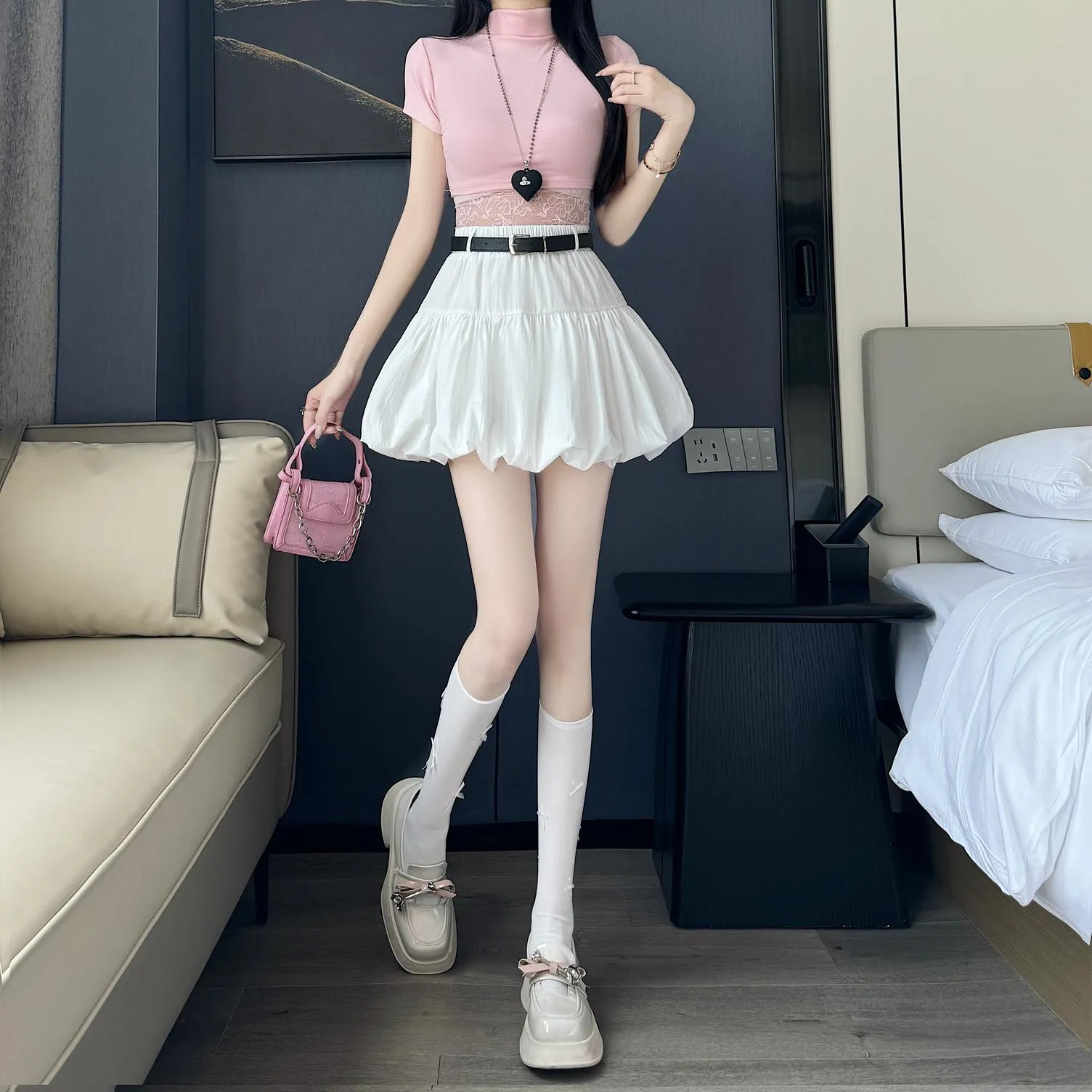 High-Waisted A-Line Skirt with Delicate Lace Detail