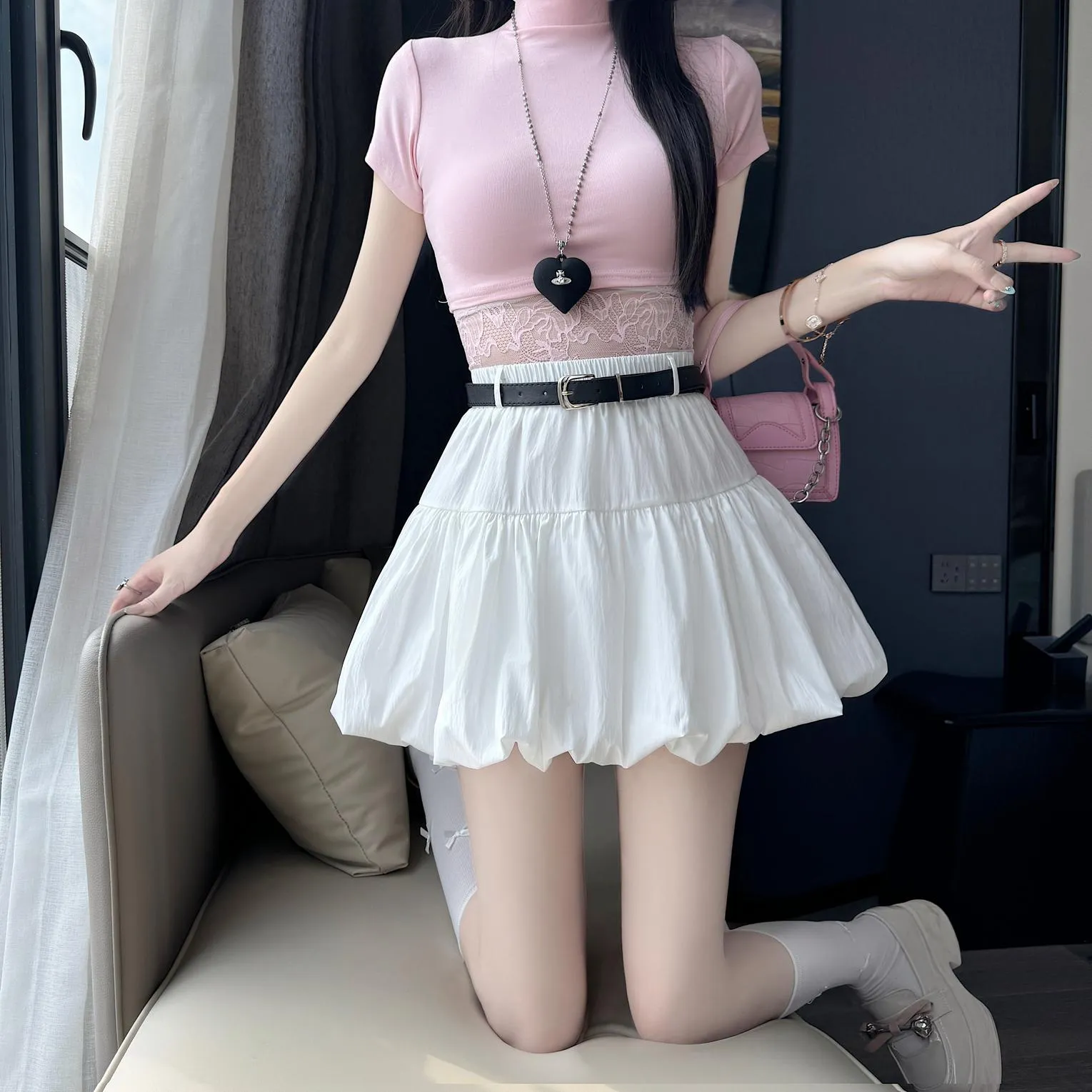 High-Waisted A-Line Skirt with Delicate Lace Detail
