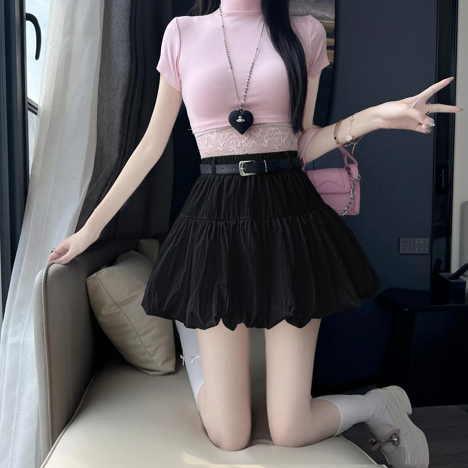 High-Waisted A-Line Skirt with Delicate Lace Detail