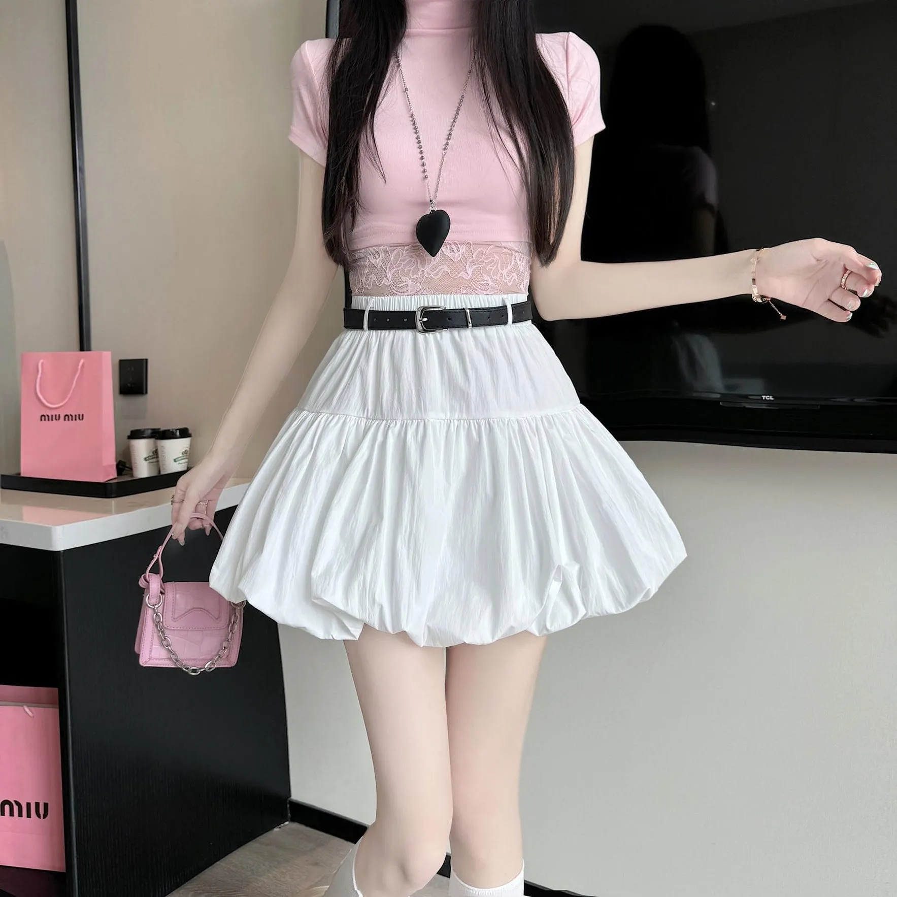 High-Waisted A-Line Skirt with Delicate Lace Detail