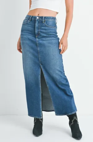 High Waisted Front Slit Denim Midi Skirt