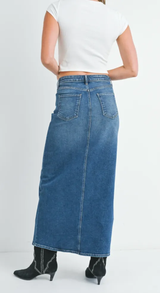 High Waisted Front Slit Denim Midi Skirt