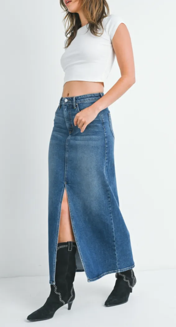 High Waisted Front Slit Denim Midi Skirt