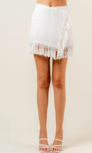 High Waisted Linen Fringe Skort