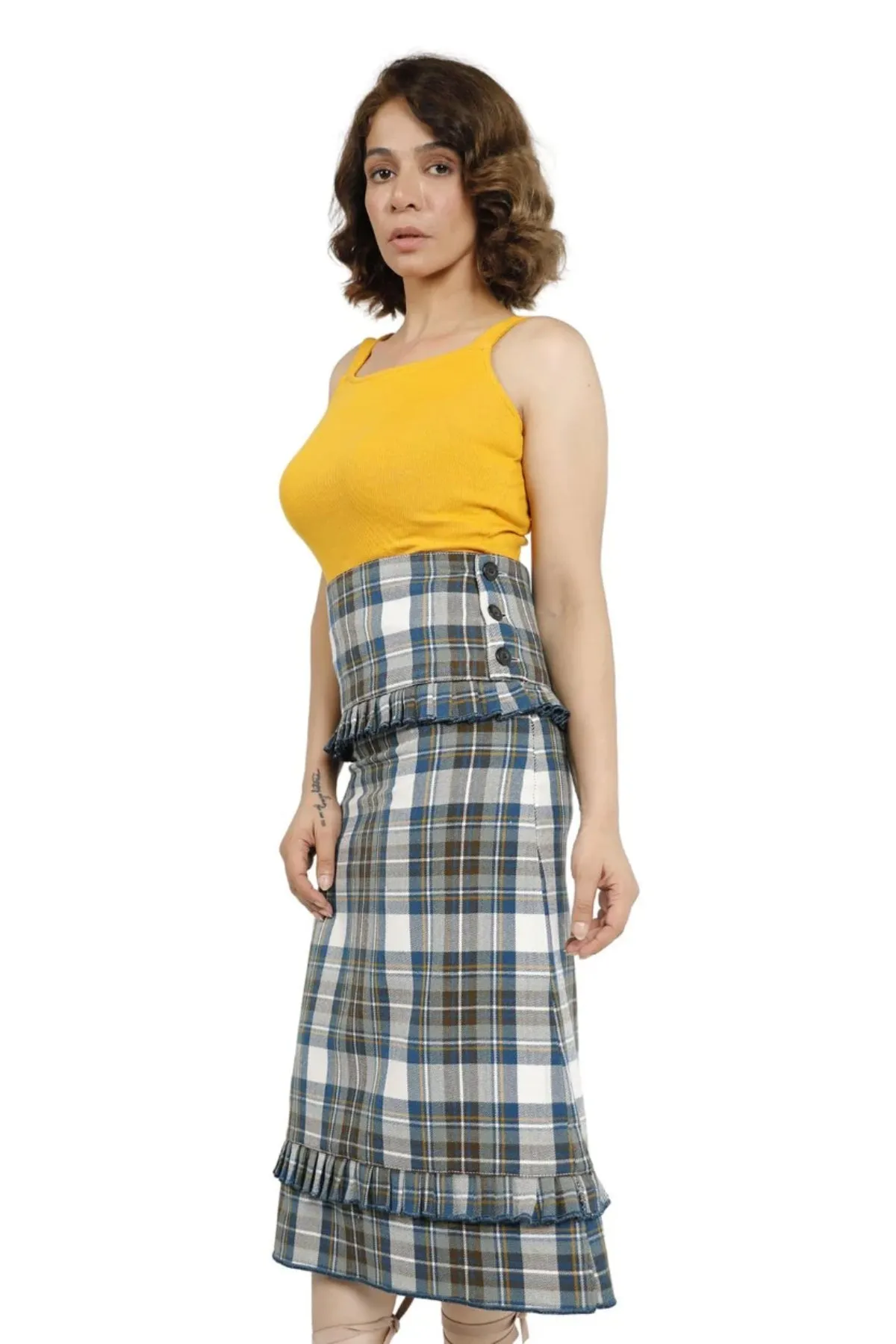 High-Waisted Long Ruffle Plaid Skirt with Side Button Closure