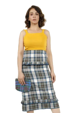 High-Waisted Long Ruffle Plaid Skirt with Side Button Closure