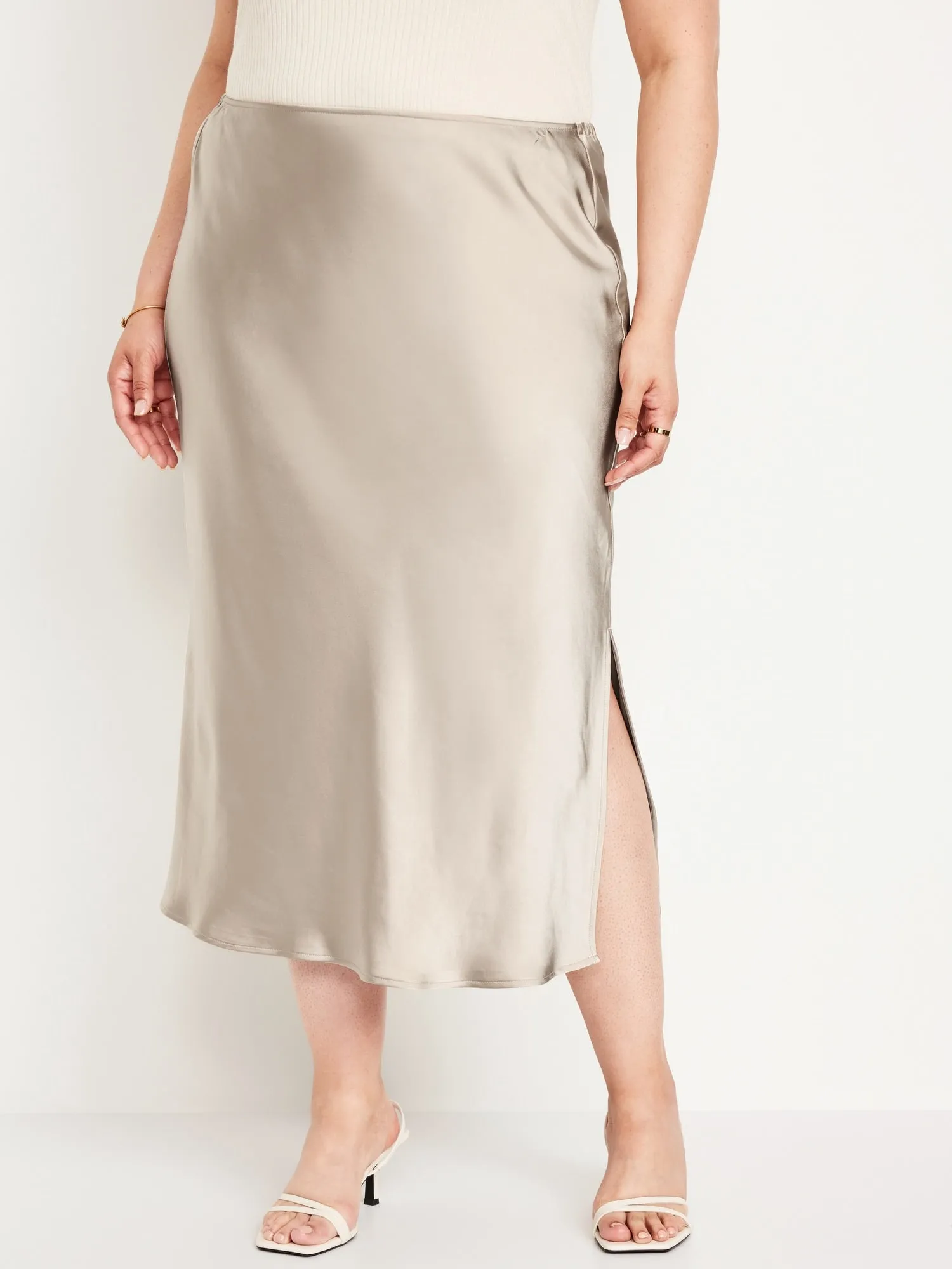 High-Waisted Satin Midi Slip Skirt