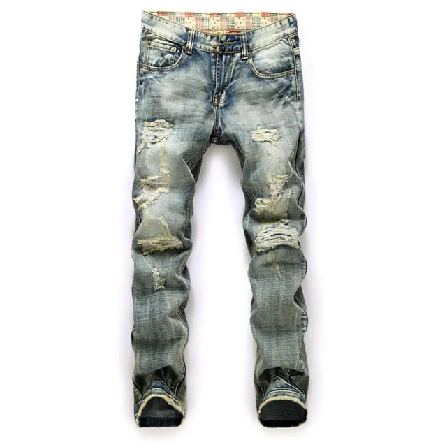 Hole Metrosexual Straight Destroyed Jeans Brand Slim Casual Ripped Jeans Homme Retro Men's Denim Trousers High Quality Cotton