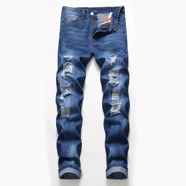 Hole Metrosexual Straight Destroyed Jeans Brand Slim Casual Ripped Jeans Homme Retro Men's Denim Trousers High Quality Cotton