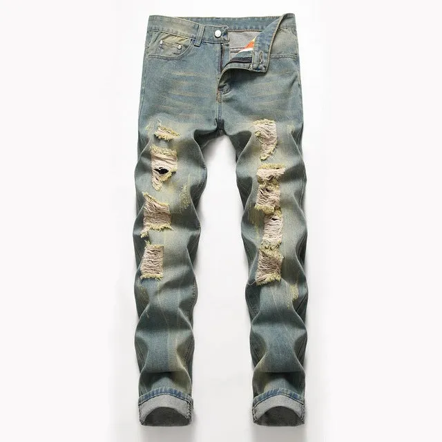Hole Metrosexual Straight Destroyed Jeans Brand Slim Casual Ripped Jeans Homme Retro Men's Denim Trousers High Quality Cotton