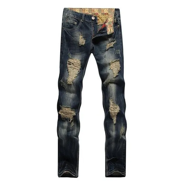 Hole Metrosexual Straight Destroyed Jeans Brand Slim Casual Ripped Jeans Homme Retro Men's Denim Trousers High Quality Cotton