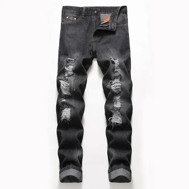 Hole Metrosexual Straight Destroyed Jeans Brand Slim Casual Ripped Jeans Homme Retro Men's Denim Trousers High Quality Cotton