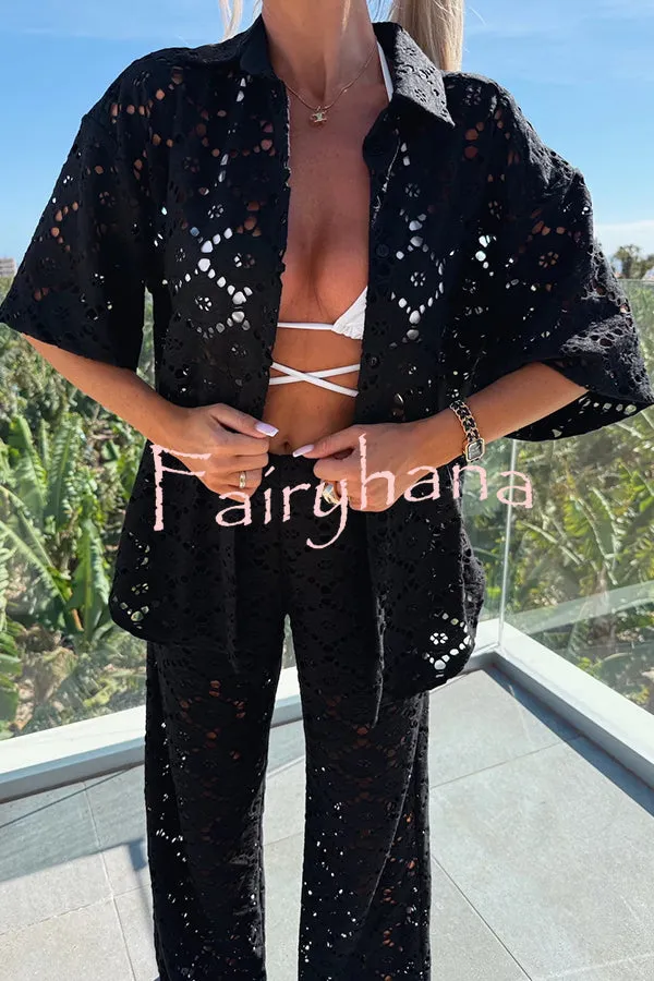 Holiday Crochet Flowers Lace Short Sleeve Shirt and Elastic Waist Wide Leg Pants Set