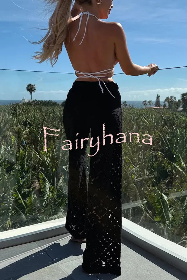 Holiday Crochet Flowers Lace Short Sleeve Shirt and Elastic Waist Wide Leg Pants Set