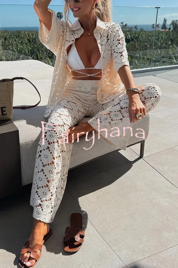 Holiday Crochet Flowers Lace Short Sleeve Shirt and Elastic Waist Wide Leg Pants Set
