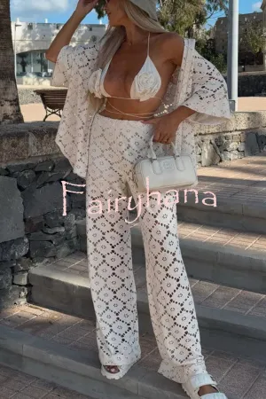 Holiday Crochet Flowers Lace Short Sleeve Shirt and Elastic Waist Wide Leg Pants Set