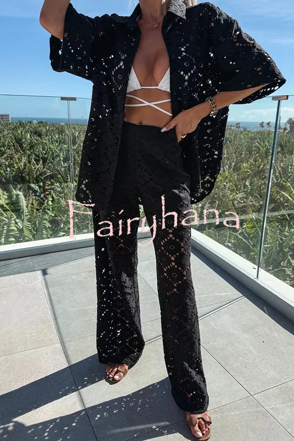 Holiday Crochet Flowers Lace Short Sleeve Shirt and Elastic Waist Wide Leg Pants Set