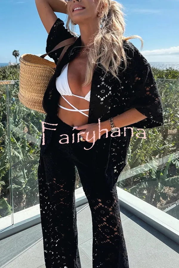 Holiday Crochet Flowers Lace Short Sleeve Shirt and Elastic Waist Wide Leg Pants Set