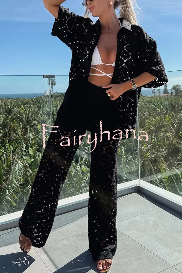 Holiday Crochet Flowers Lace Short Sleeve Shirt and Elastic Waist Wide Leg Pants Set