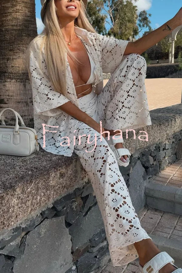 Holiday Crochet Flowers Lace Short Sleeve Shirt and Elastic Waist Wide Leg Pants Set