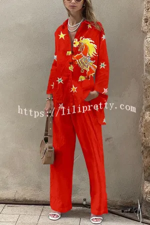 Horse Print Oversized Long Sleeved Shirt and Elastic Waist Pocket Pants Set
