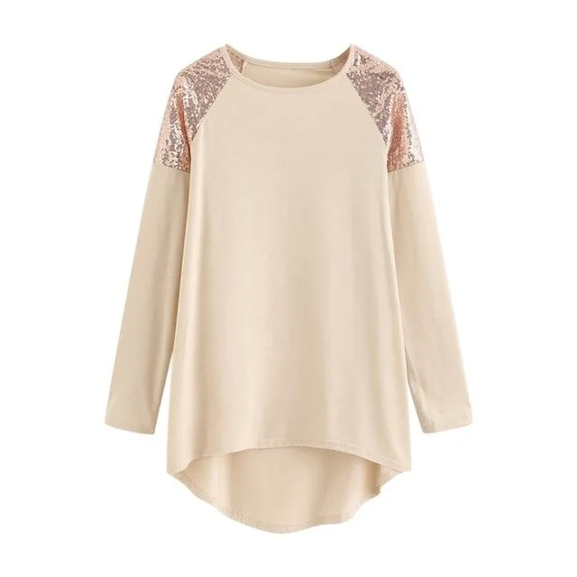 Hot Sale Blouse Shirts Women Contrast Sequin Patchwork Blouse Plus Size 5XL O-Neck Long Sleeve Top chemisiers femme 2019 @45
