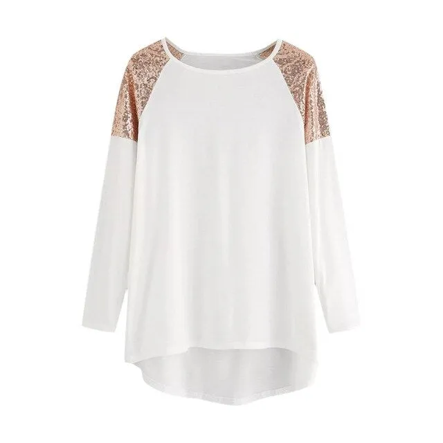 Hot Sale Blouse Shirts Women Contrast Sequin Patchwork Blouse Plus Size 5XL O-Neck Long Sleeve Top chemisiers femme 2019 @45