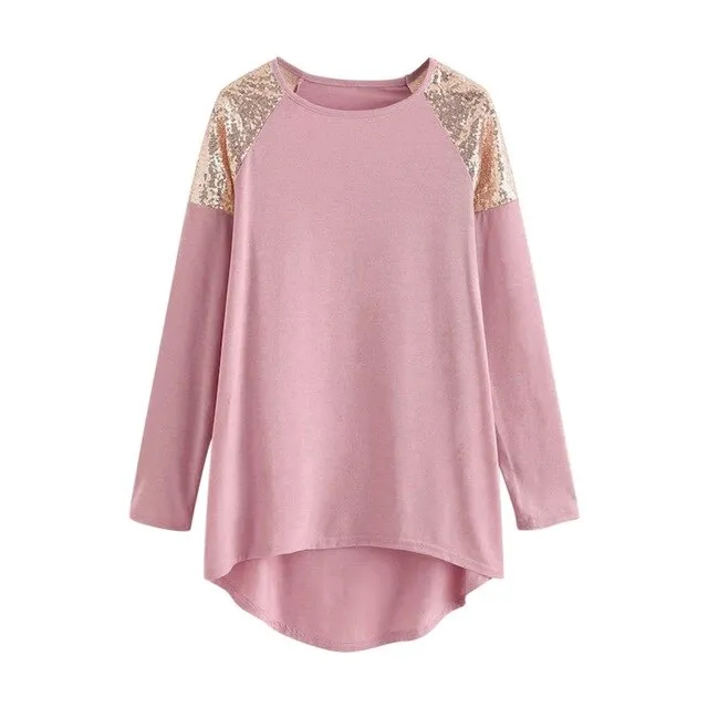 Hot Sale Blouse Shirts Women Contrast Sequin Patchwork Blouse Plus Size 5XL O-Neck Long Sleeve Top chemisiers femme 2019 @45