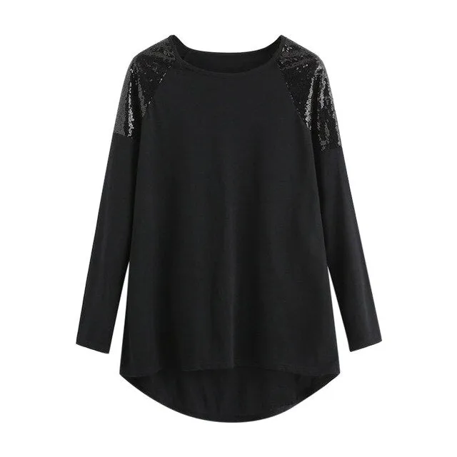 Hot Sale Blouse Shirts Women Contrast Sequin Patchwork Blouse Plus Size 5XL O-Neck Long Sleeve Top chemisiers femme 2019 @45