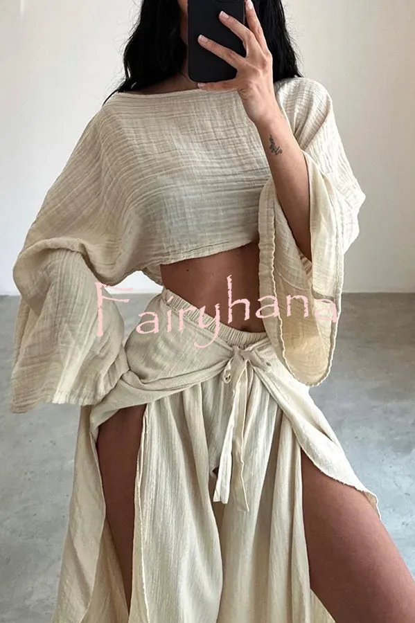 Ideal for Holidays Linen Blend Crop Top and Elastic Waist Tie-up Ruffle Pants Set