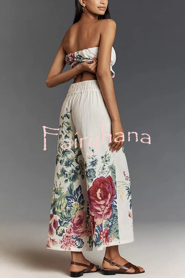 In To The Summer Linen Blend Floral Print Elastic Bandeau and Elastic Waist Pocket Loose Pants Set