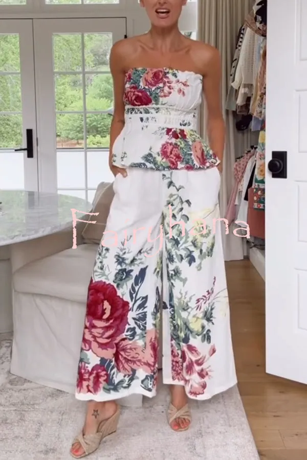 In To The Summer Linen Blend Floral Print Elastic Bandeau and Elastic Waist Pocket Loose Pants Set