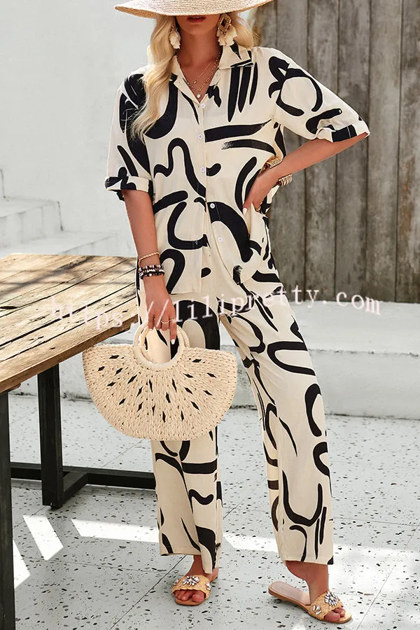 Irregular Printed Button Pocket Long Sleeved Shirt and Elastic Waist Pants Set