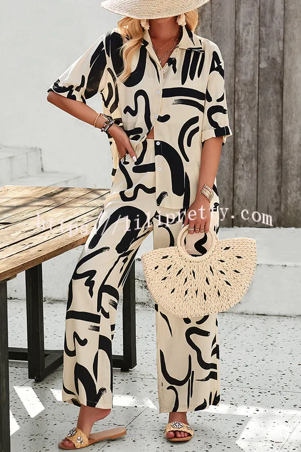 Irregular Printed Button Pocket Long Sleeved Shirt and Elastic Waist Pants Set