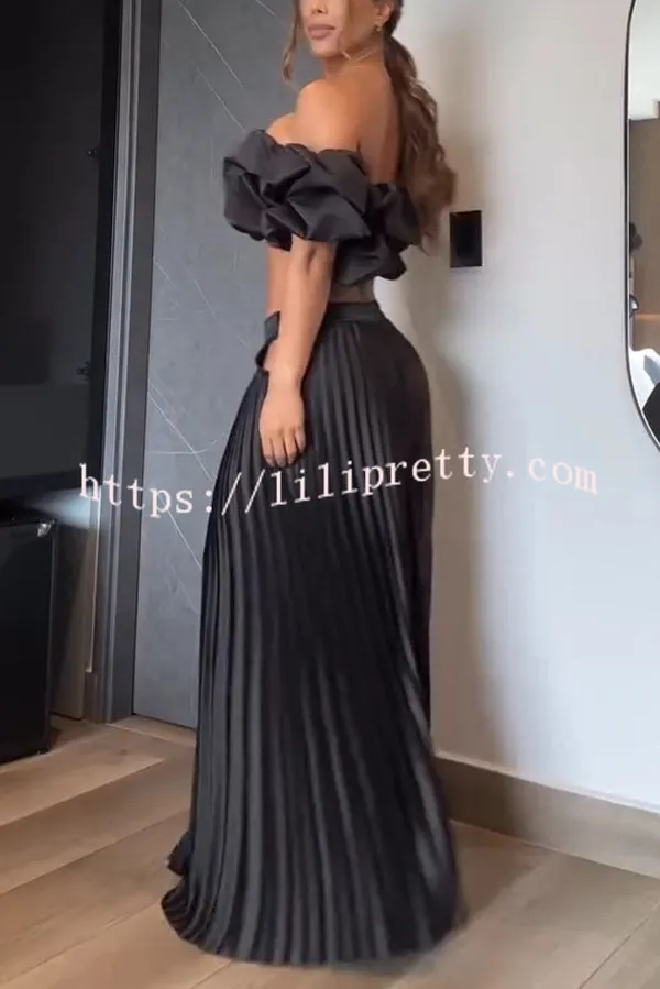 Jaelyn Off Shoulder Cloud Shape Crop Top and Waist Hollow Pleated Loose Pants Set