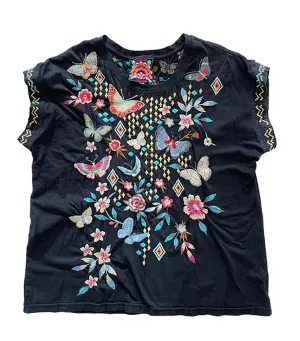 Johnny Was Mariposa Relaxed Tee Black Short Sleeve Floral Butterfly Shirt Top New