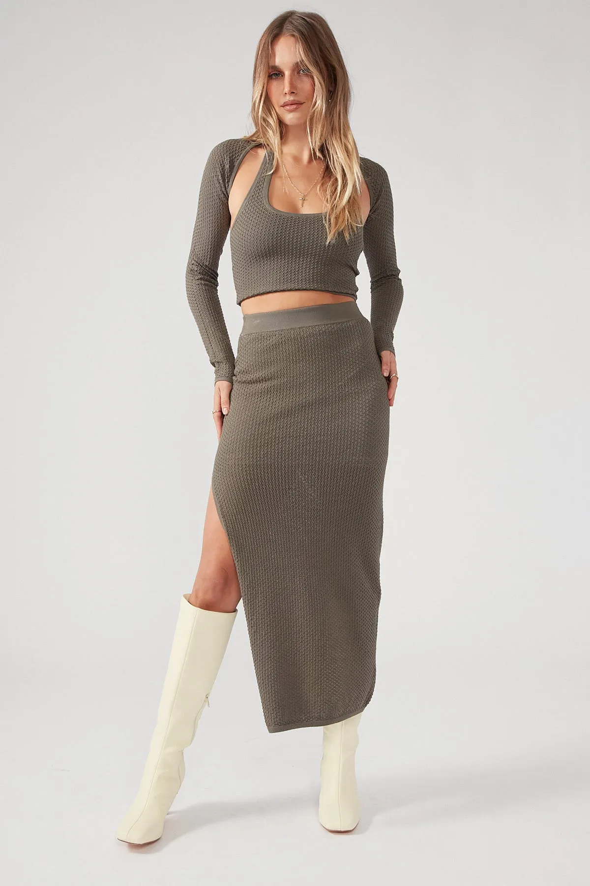 Khaki Knit Midi Skirt