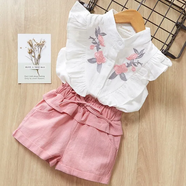 Kids Girls Clothing Sets Summer New Style Brand  Baby Girls Clothes short Sleeve T-Shirt Pant Dress 2Pcs Children Clothes Suits