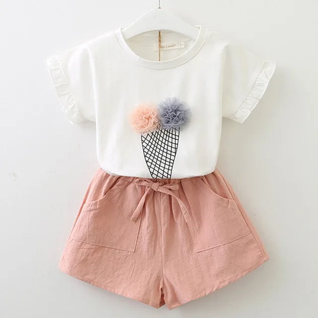 Kids Girls Clothing Sets Summer New Style Brand  Baby Girls Clothes short Sleeve T-Shirt Pant Dress 2Pcs Children Clothes Suits